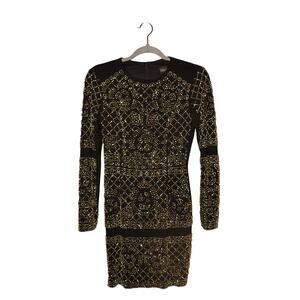 XSCAPE $220 Black Long Sleeve Gold Bead Embellished Bodycon Mini Dress Size 2
